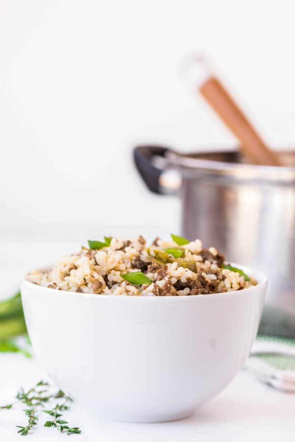 Dirty Rice in a white bowl.