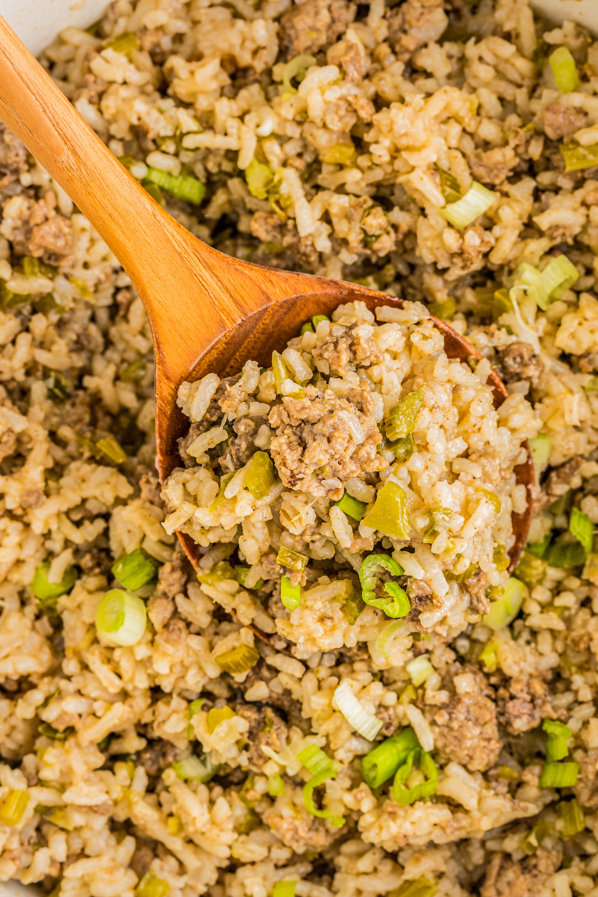A brown serving spoon scooping out a serving of dirty rice with green onions.