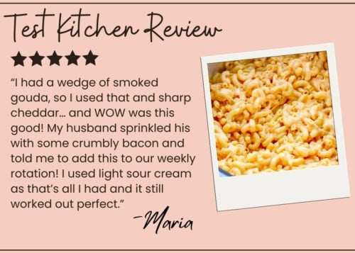A customer review with a five-star rating praises the homemade mac and cheese. Next to the review text, there is a photo of creamy macaroni and cheese in a white dish. The review is signed by Maria.