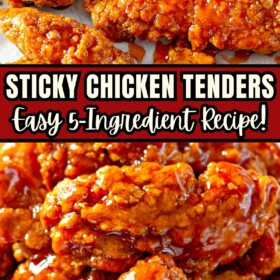 Chicken strips are coated in a sweet and spicy sauce.