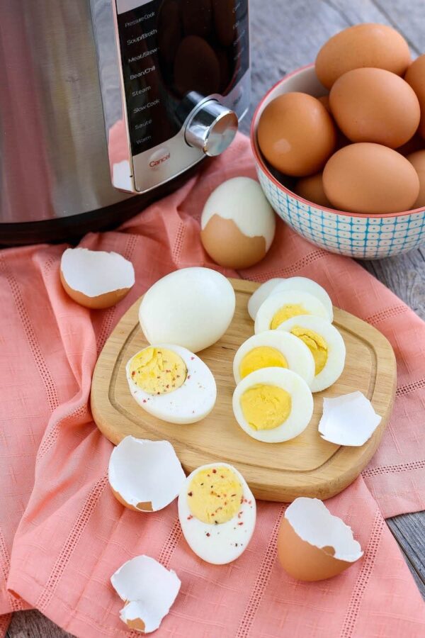 Hardboiled eggs sliced and ready to serve.
