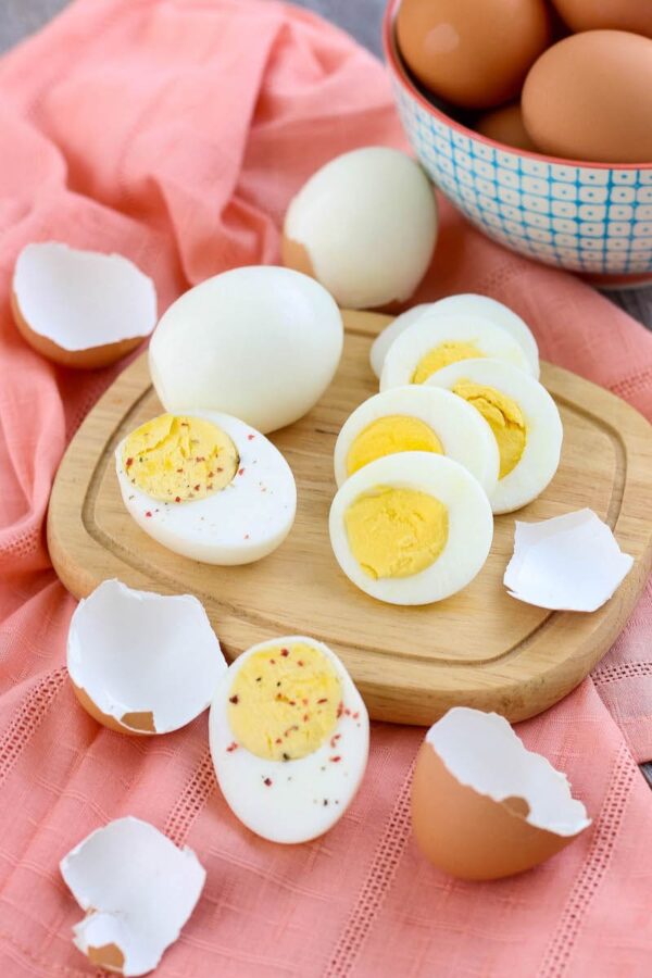 Hardboiled eggs sliced and ready to serve.