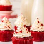 Red velvet cupcakes with cream cheese.