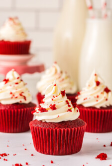Red velvet cupcakes with cream cheese.
