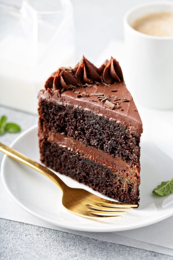 Dark chocolate cake slice with chocolate buttercream frosting