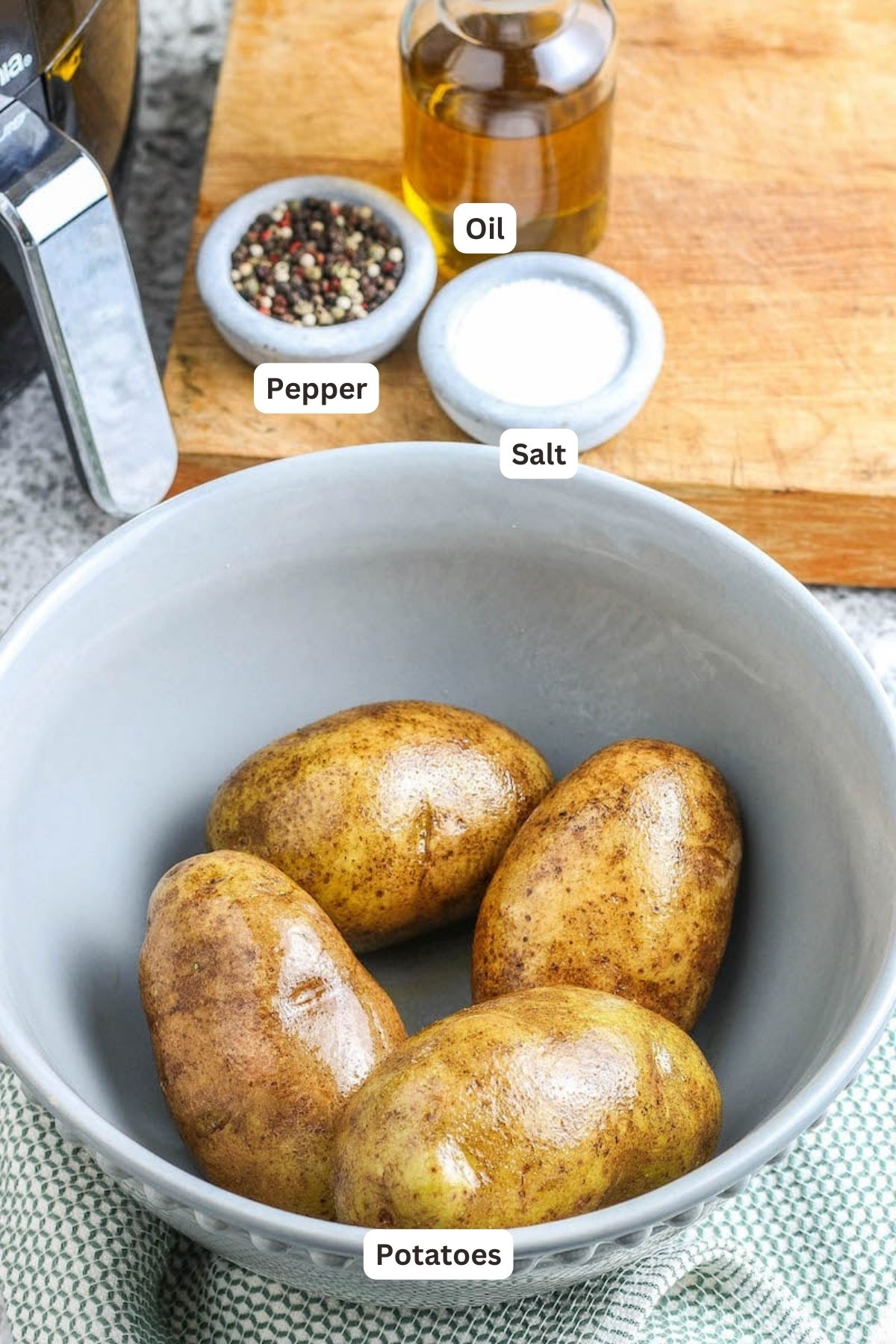 Ingredients for Air Fryer Baked Potatoes recipe.
