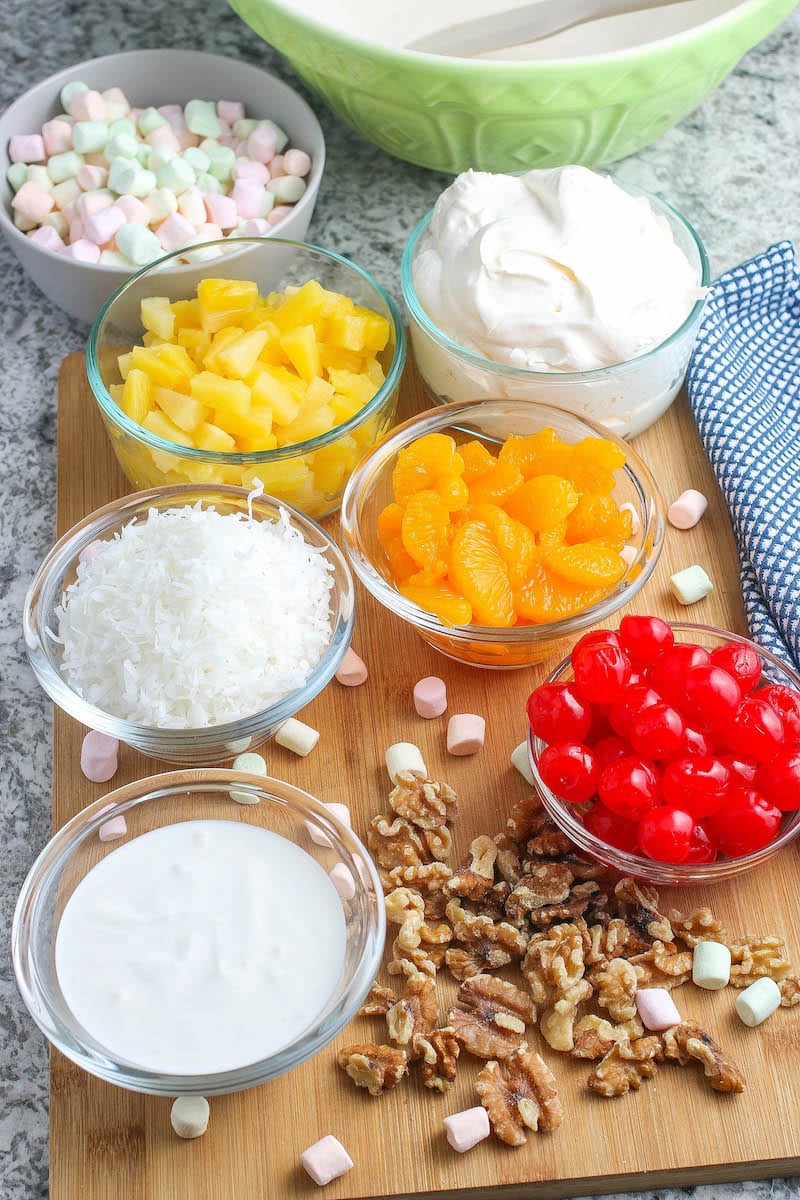 The ingredients for ambrosia salad. 