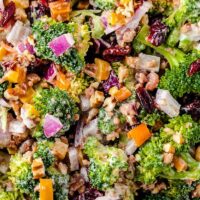 Close up of prepared broccoli salad.