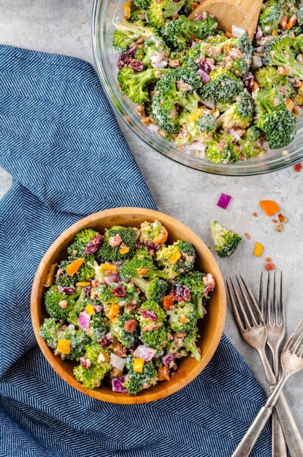 Colorful broccoli salad served in a bowl.