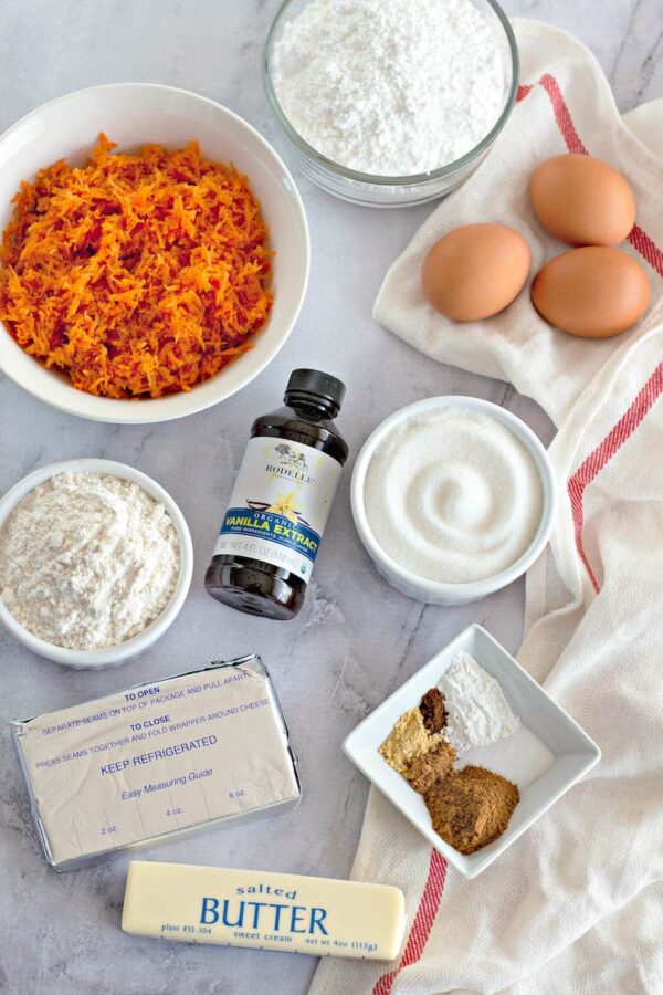 The ingredients for carrot cake roll. 