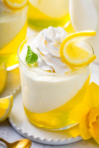 Up close image of lemon mousse jello cups.
