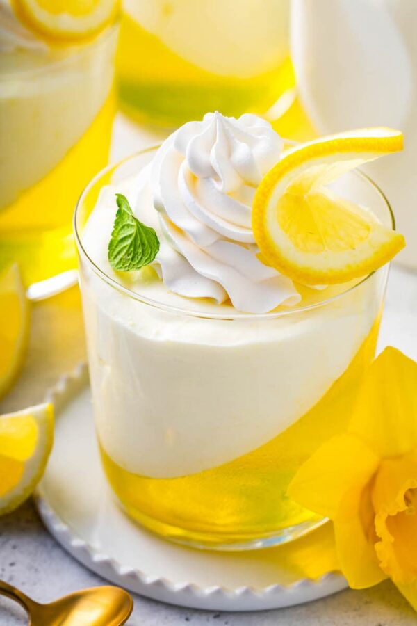 Up close image of lemon mousse jello cups.