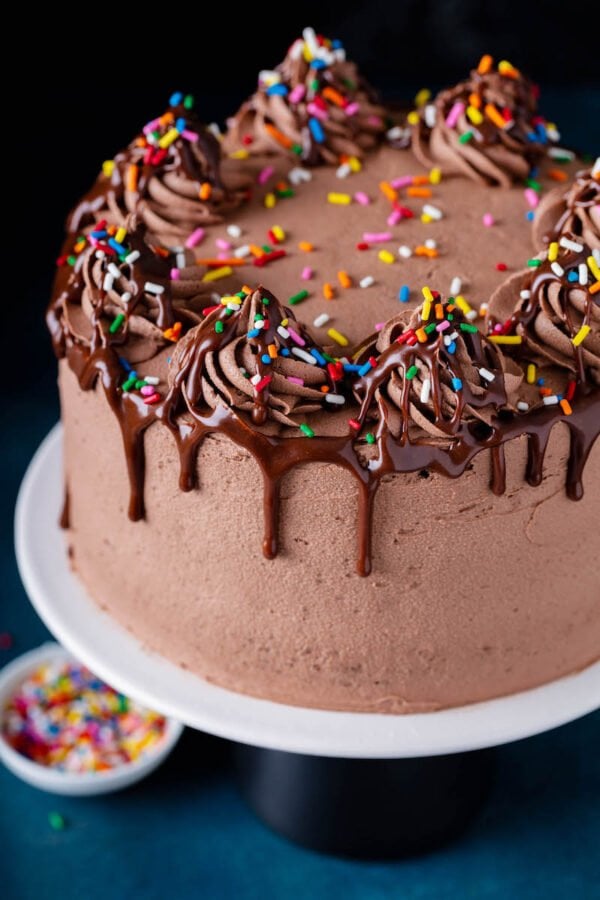 Chocolate cake on a cake stand with chocolate sauce and sprinkles on top. 