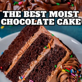 A slice of homemade chocolate cake is placed on a white plate.