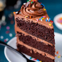 Slice of chocolate cake on a plate with a fork.