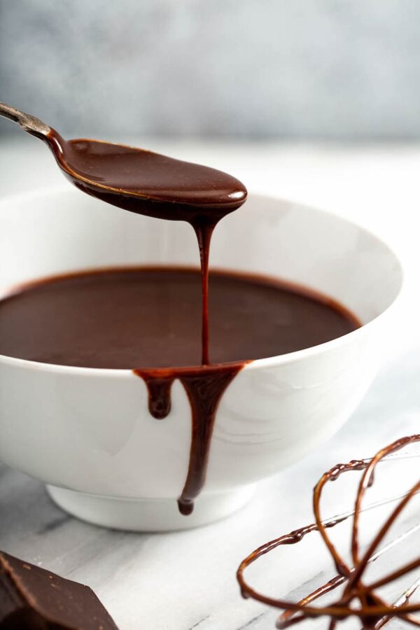 Chocolate sauce in a bowl being drizzled with a spoon.