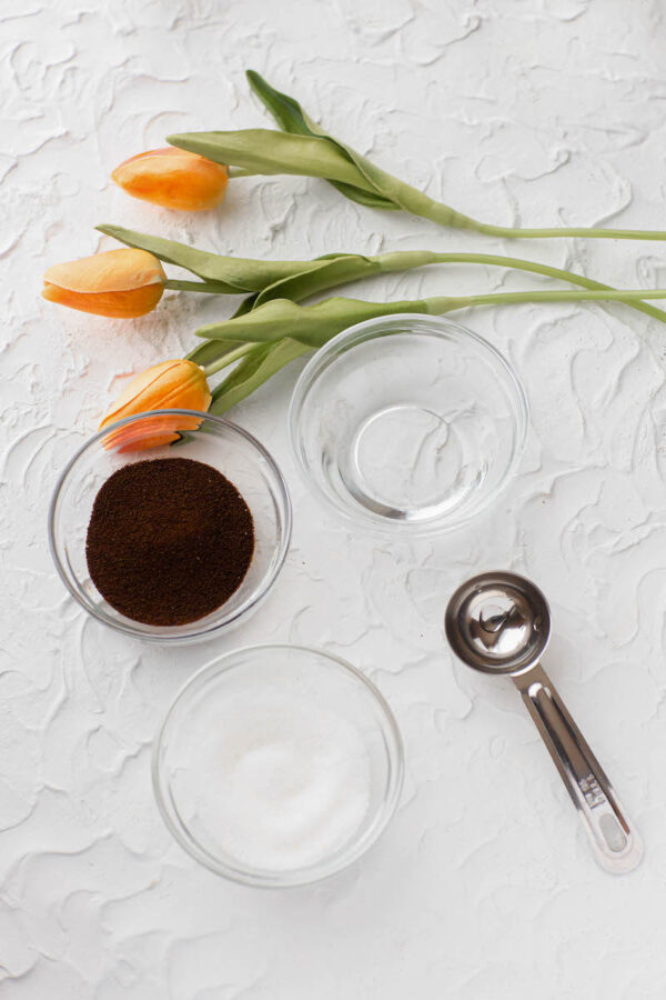 Espresso powder, sugar and water in glass bowls.