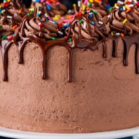 A layered chocolate cake is frosted with chocolate buttercream frosting.