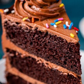 Three layers of moist chocolate cake are held together by rich chocolate frosting.