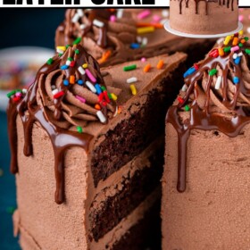 A slice of chocolate dream cake is topped with rainbow sprinkles, frosting and a drizzle of chocolate sauce.