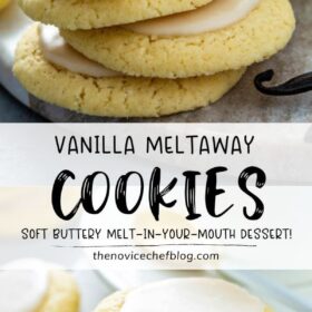 Pinterest collage image of vanilla meltaway cookies with wording on top.