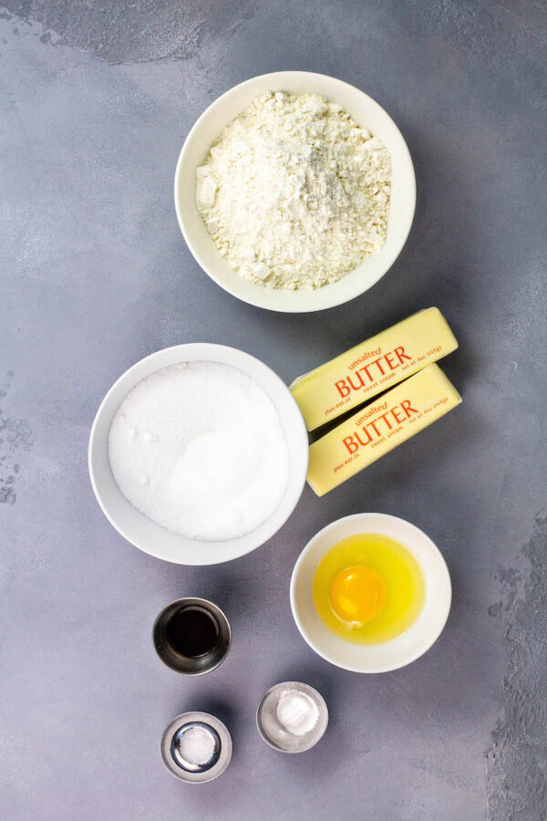 Ingredients for meltaway cookies in bowls.