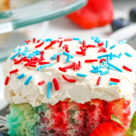Pinterest collage image of 4th of july cake with lettering on top.