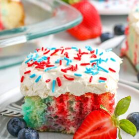4th of July Cake on a white plate with sprinkles and fresh fruit.