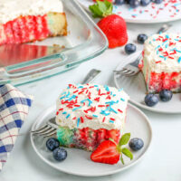 Two patriotic cake slices on plates with fresh fruit.