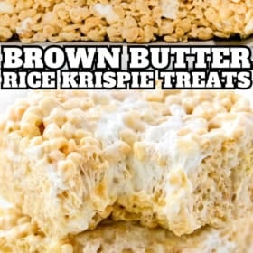 Close-up of gooey brown butter Rice Krispie treats stacked in squares, showing their crispy texture and melty marshmallow filling. Text in the center reads “BROWN BUTTER RICE KRISPIE TREATS.”