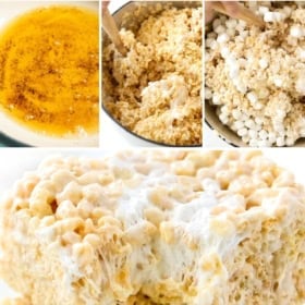 Three images show steps to make brown butter Rice crispy treats: browning butter in a pan, mixing marshmallows and cereal, and gooey treats stacked. Text reads, Best Brown Butter Rice Krispie Treats - The Novice Chef.