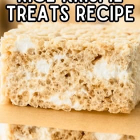 Thick, square cereal treat. Text above reads, Brown Butter Rice Krispie Treats Recipe, and below says, The Novice Chef.