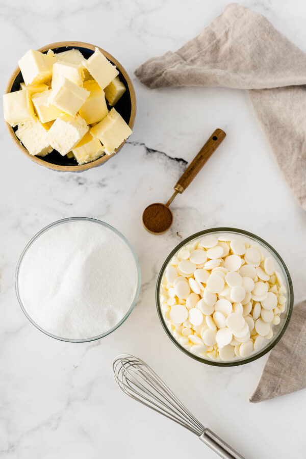 Small bowls with butter, sugar and white chocolate chips