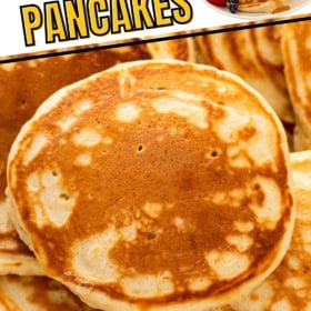 Lightly browned fluffy pancakes are served in a big pile.