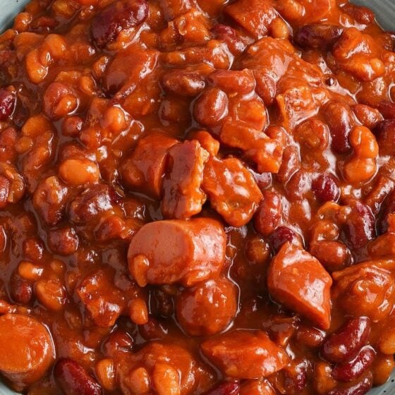 Up close image of pork and beans on a blue bowl.
