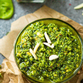 pinterest collage image of basil pesto in a bowl