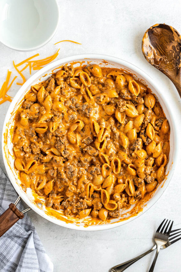 A Pan Filled With Homemade Hamburger Helper