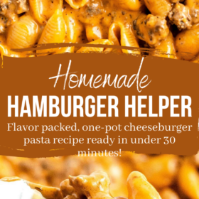 pinterest collage image with lettering and an up close image of hamburger helper.