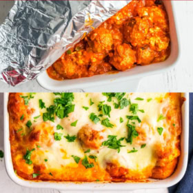 Pinterest College image of meatball sub casserole in a casserole dish and on a spoon.