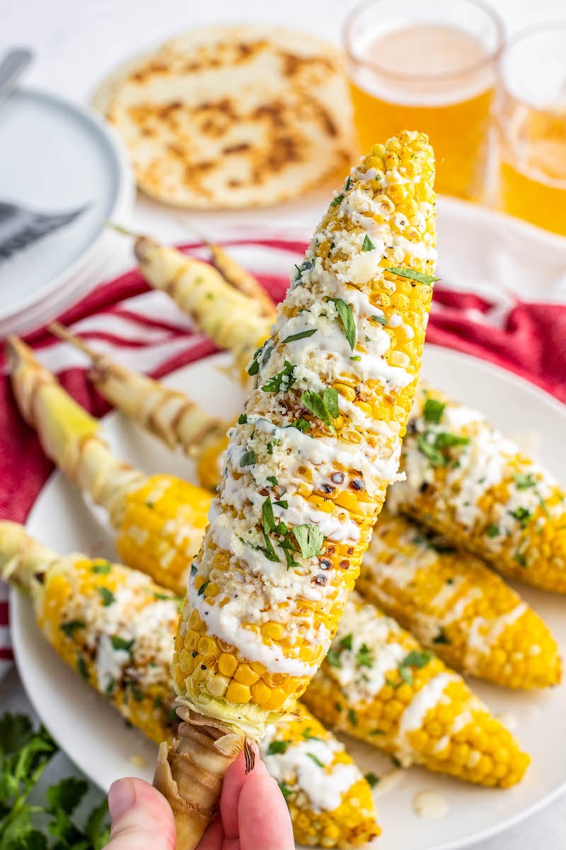 A corn cob held in a hand above a plate of more corn cobs.