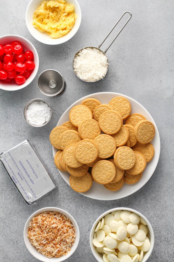 Ingredients for no bake truffles on plates.