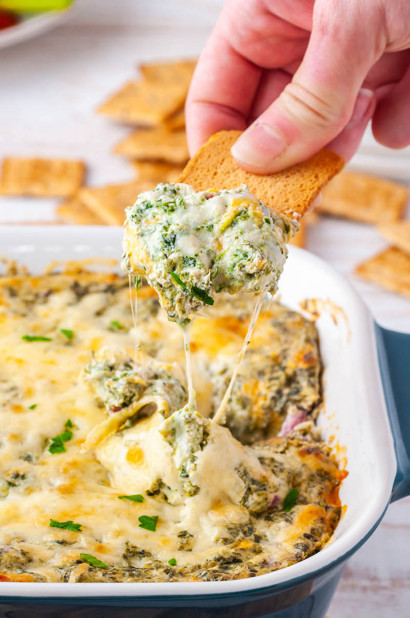 Baked hot spinach dip on a cracker above the pan of hot spinach dip.