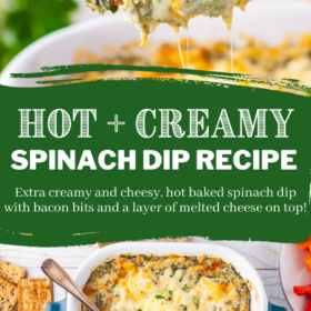 Collage image of spinach dip on a cracker and in a casserole pan with wording in the center for Pinterest.