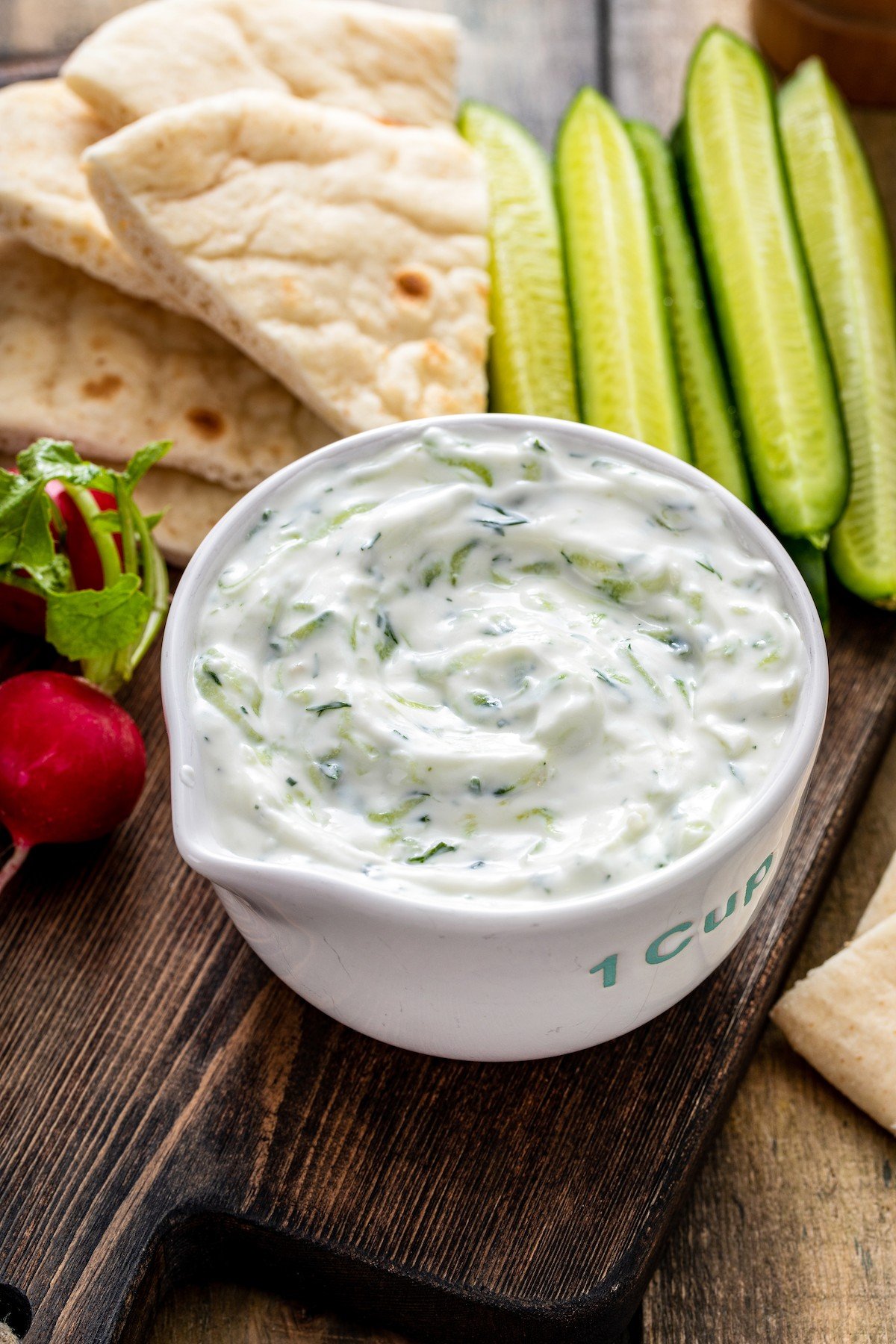 Creamy Greek yogurt cucumber dip with dill.