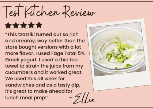 A review card features a bowl of creamy tzatziki sauce with shredded cucumber on top. The reviewer praises its flavor and texture, noting it was made with Greek yogurt and strained cucumbers, perfect for sandwiches and dips.