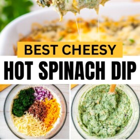 The ingredients for hot spinach dip recipe are being mixed together, baked in a small dish and served with crackers.