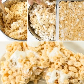 A collage illustrating a rice krispie treats recipe: mixing cereal and marshmallows, spreading in a pan, and a close-up of a gooey treat with a bite. Text reads “3x The Marshmallows Rice Krispie Treats.”