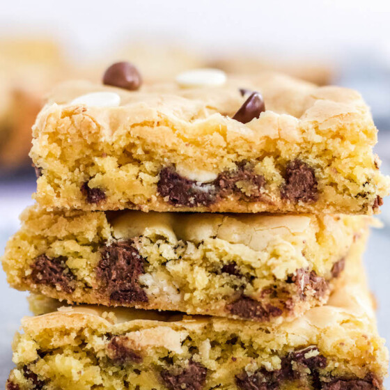 3 stacked cake mix chocolate chip cookie bars.