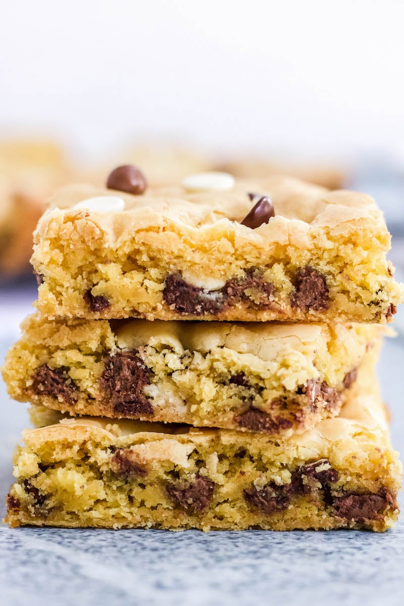 3 stacked cake mix chocolate chip cookie bars. 