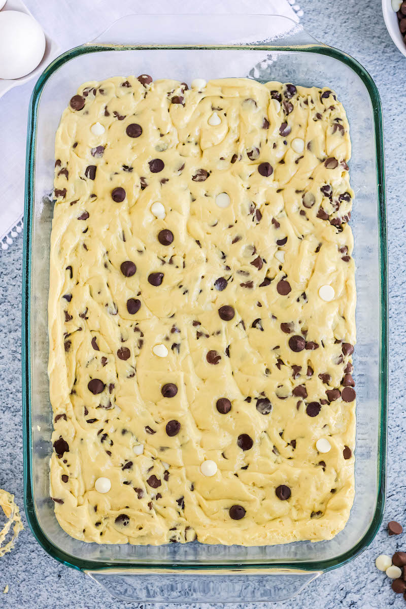 Cake mix cookie bar mix in a pan.